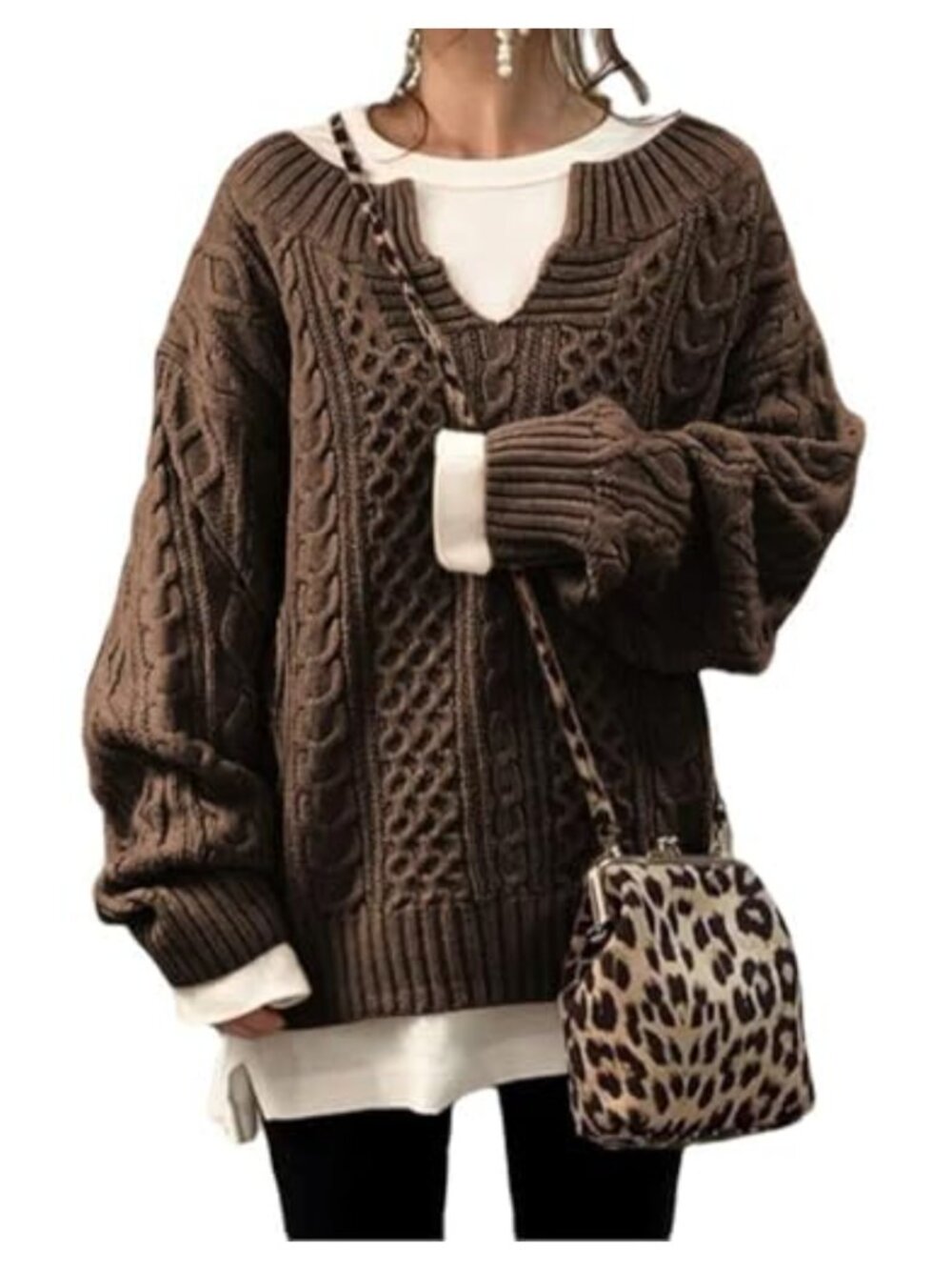 Women's Chunky Cable Knit V Neck Long Sleeve Loose Pullover Sweater